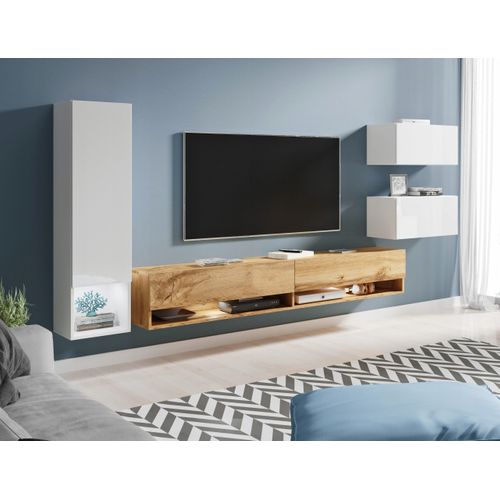 Mur TV Suspendu 180 Cm Colonne + Meubles Blanc Brillant / Chêne Wotan