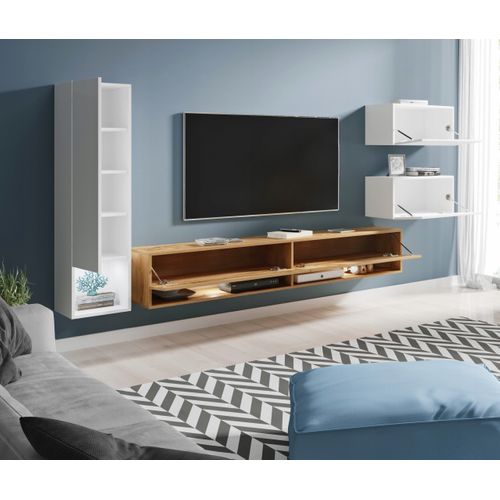 Mur TV Suspendu 180 Cm Colonne + Meubles Blanc Brillant / Chêne Wotan