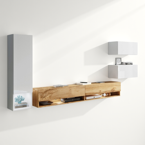 Mur TV Suspendu 180 Cm Colonne + Meubles Blanc Brillant / Chêne Wotan
