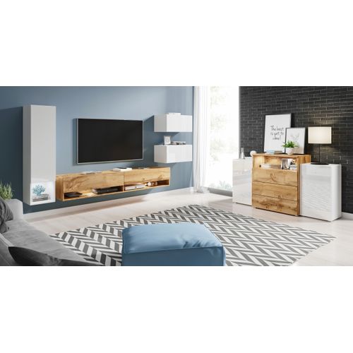 Mur TV Suspendu 180 Cm Colonne + Meubles Blanc Brillant / Chêne Wotan