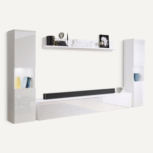 Mur TV 4 Pièces: 2 Colonnes + TV 180 Cm, Blanc Mat / Blanc Brillant
