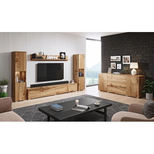 Mur TV 4 Pièces: 2 Colonnes + TV 180 Cm, Chêne Wotan Mat