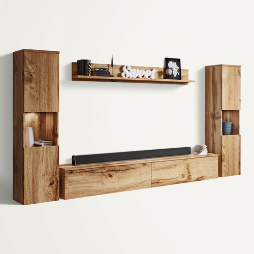 Mur TV 4 Pièces: 2 Colonnes + TV 180 Cm, Chêne Wotan Mat