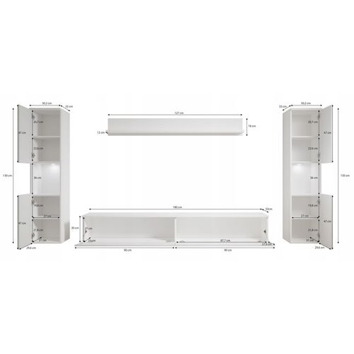 Mur TV 4 Pièces: 2 Colonnes + TV 180 Cm, Chêne Wotan Mat