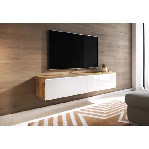 Meuble TV 140 Cm 2 Portes Chêne Wotan Mat / Blanc Brillant Suspendu Ou Posé
