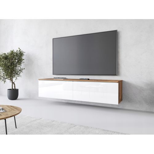 Meuble TV 140 Cm 2 Portes Chêne Wotan Mat / Blanc Brillant Suspendu Ou Posé