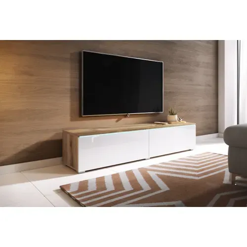 Meuble TV 140 Cm 2 Portes Chêne Wotan Mat / Blanc Brillant Suspendu Ou Posé