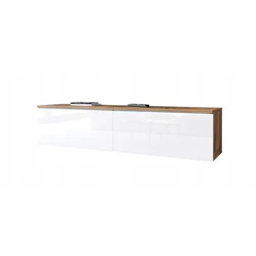 Meuble TV 140 Cm 2 Portes Chêne Wotan Mat / Blanc Brillant Suspendu Ou Posé