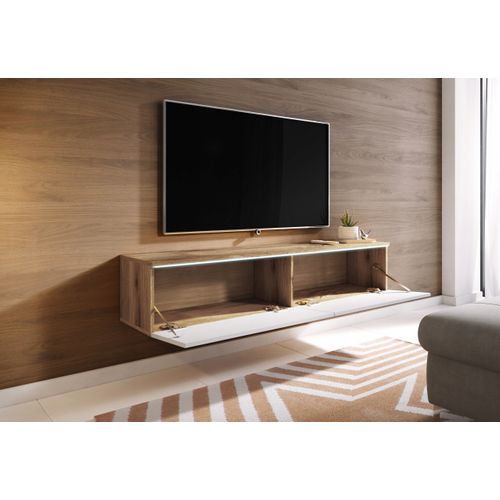 Meuble TV 140 Cm 2 Portes Chêne Wotan Mat / Blanc Brillant Suspendu Ou Posé