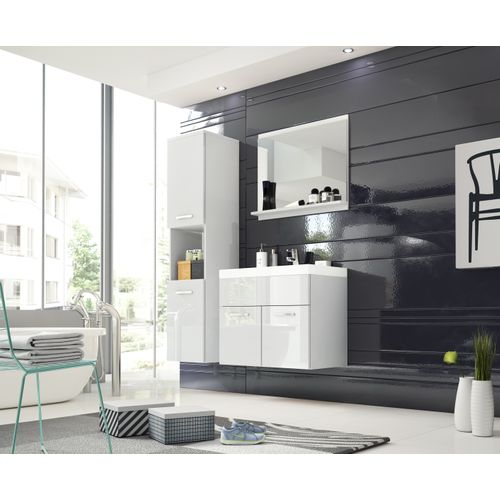 Salle De Bain Suspendue Lavabo Miroir + Colonne Blanc Mat / Blanc Brillant