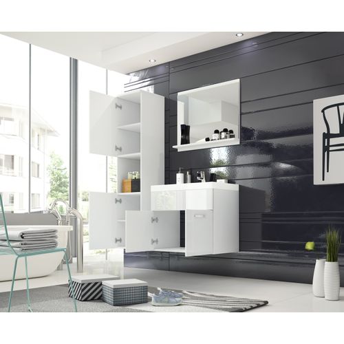 Salle De Bain Suspendue Lavabo Miroir + Colonne Blanc Mat / Blanc Brillant