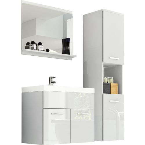 Salle De Bain Suspendue Lavabo Miroir + Colonne Blanc Mat / Blanc Brillant