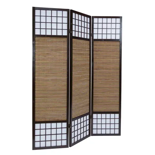 Paravent/séparateur De Pièce Japonais Avec Bambou En Bois De 3 Panneaux Coloris Marron