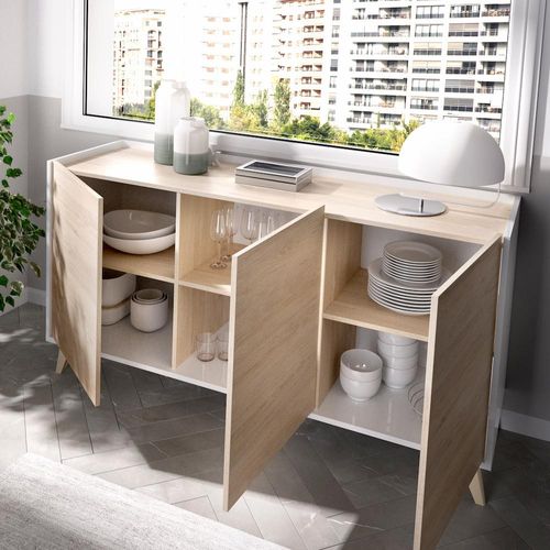 Buffet Meuble De Rangement 3 Portes Coloris Blanc/naturel - L. 155 X H. 75 X P. 43 Cm