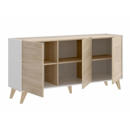 Buffet Meuble De Rangement 3 Portes Coloris Blanc/naturel - L. 155 X H. 75 X P. 43 Cm