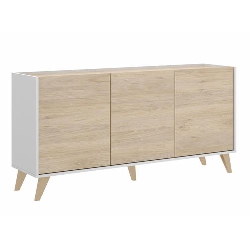 Buffet Meuble De Rangement 3 Portes Coloris Blanc/naturel - L. 155 X H. 75 X P. 43 Cm