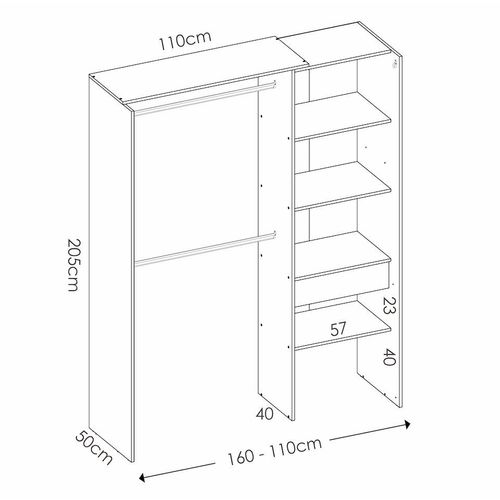 Armoire Dressing Extensible Avec Rideau + 1 Tiroir Coloris Blanc - L. 110-160 X H. 205 X P. 50 Cm
