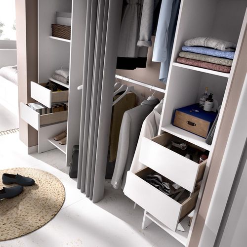 Armoire Dressing Extensible Avec Rideau + 4 Tiroirs Coloris Blanc - L. 100-180 X H. 203 X P. 50 Cm