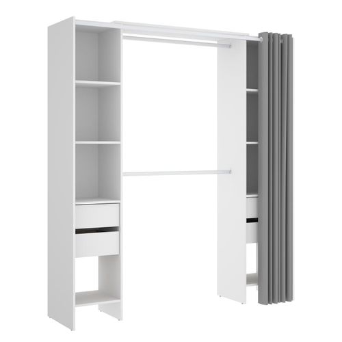 Armoire Dressing Extensible Avec Rideau + 4 Tiroirs Coloris Blanc - L. 100-180 X H. 203 X P. 50 Cm