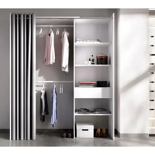 Dressing Extensible avec Rideau + 1 Tiroir Coloris Blanc - L. 110-160 X H. 205 X P. 50 Cm