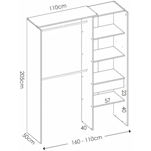 Dressing Extensible avec Rideau + 1 Tiroir Coloris Blanc - L. 110-160 X H. 205 X P. 50 Cm
