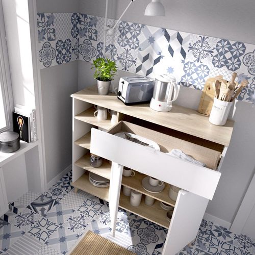 Buffet Meuble De Cuisine Coloris Blanc/naturel - Longueur 119 X Profondeur 40 X Hauteur 102 Cm