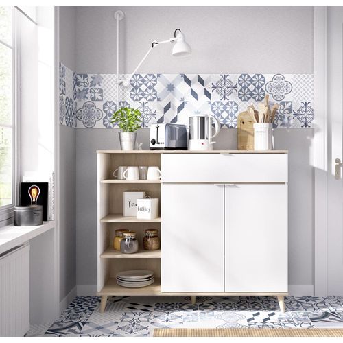 Buffet Meuble De Cuisine Coloris Blanc/naturel - Longueur 119 X Profondeur 40 X Hauteur 102 Cm