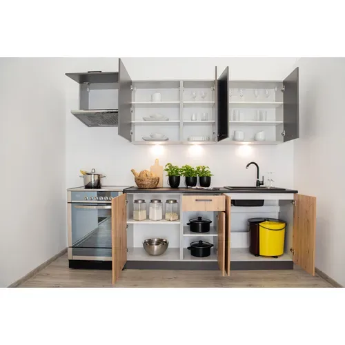 Cuisine Complète Celia 7 Éléments Couleur Gris Mat/chêne Artisan - Longueur 240/180 Cm