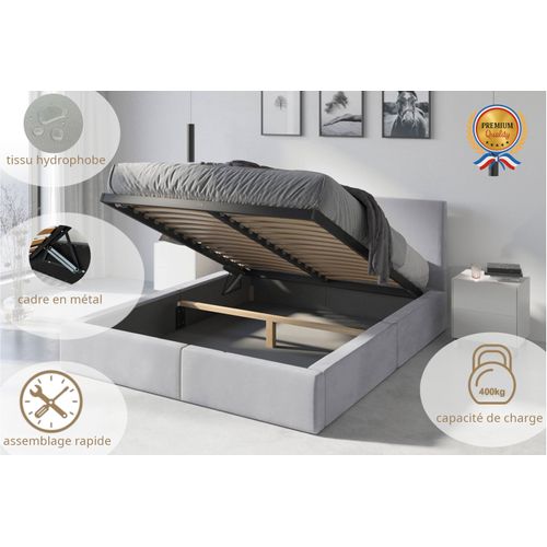 Lit 140x190 Zinus Maya - Cadre Tapissé Gris Foncé Avec Tête De Lit Et Sommier à Lattes