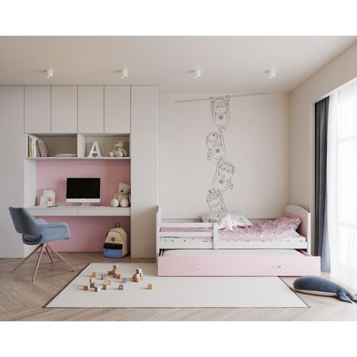 Lit Gigogne Mateo 90x190 Blanc - Rose Livré Avec Sommiers, Tiroir Et Matelas En Mousse De 7cm