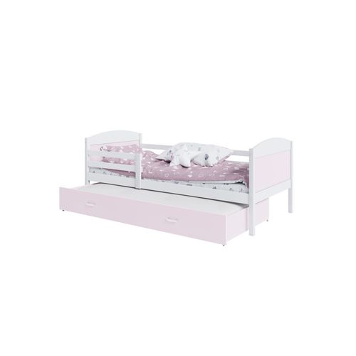 Lit Gigogne Mateo 90x190 Blanc - Rose Livré Avec Sommiers, Tiroir Et Matelas En Mousse De 7cm