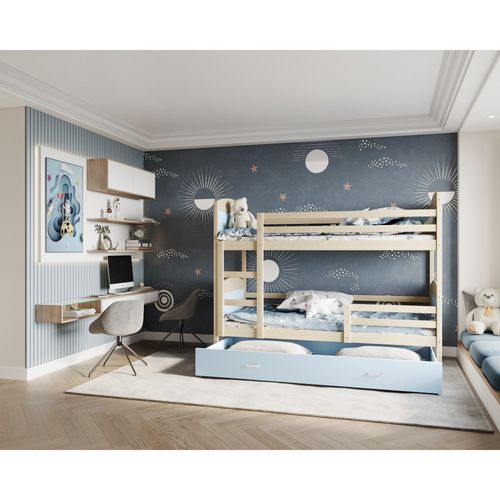 Lit Superposé Mateo 90x190 Tiroir + Matelas Pin - Bleu