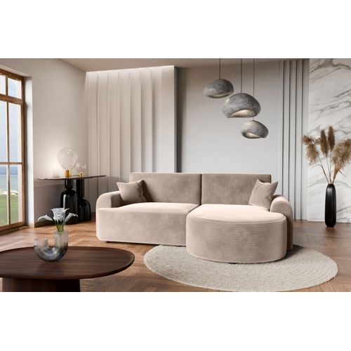 Canapé D'angle Droit Avec Fonction De Couchage Arte Premium Coffre En Velours Côtelé Beige