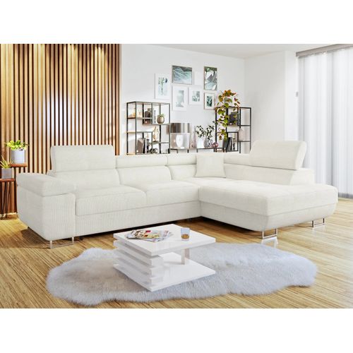 Canapé D'angle DORMA Avec Couchage - Tissu Velours Côtelé Gris - Neuf