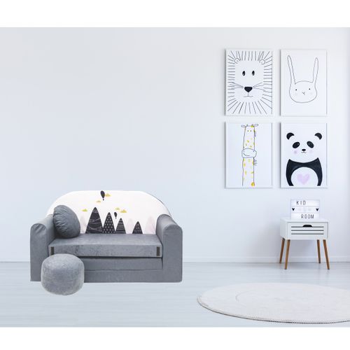 Nino Canapé Convertible Lit Pour Enfant Avec Pouf Et Coussin Montagnes Gris