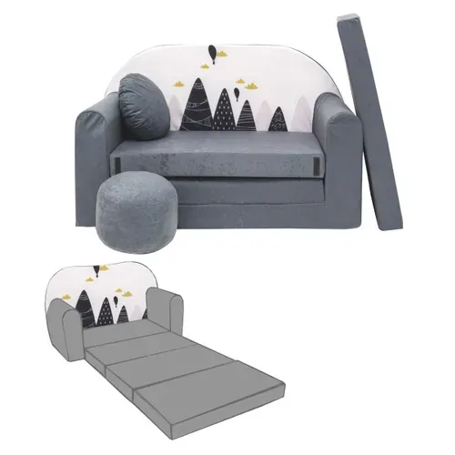 Nino Canapé Convertible Lit Pour Enfant Avec Pouf Et Coussin Montagnes Gris