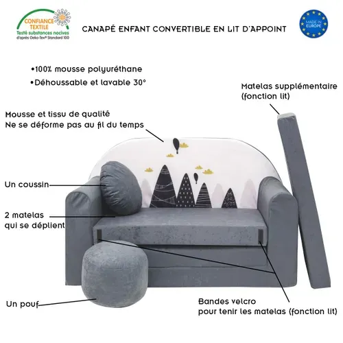 Nino Canapé Convertible Lit Pour Enfant Avec Pouf Et Coussin Montagnes Gris