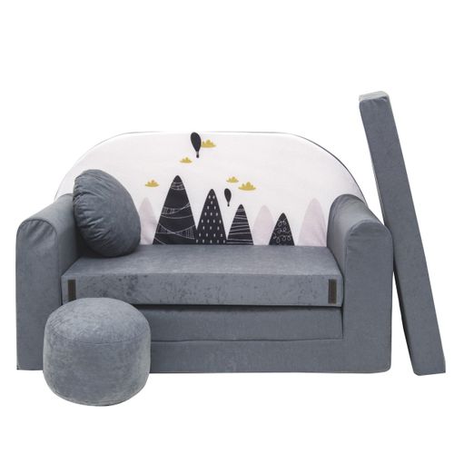 Nino Canapé Convertible Lit Pour Enfant Avec Pouf Et Coussin Montagnes Gris