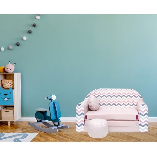 Nino Canapé Convertible Lit Pour Enfant Avec Pouf Et Coussin Rose Avec Zigzag