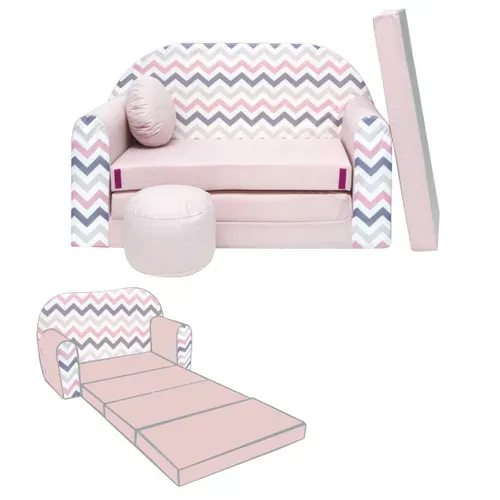 Nino Canapé Convertible Lit Pour Enfant Avec Pouf Et Coussin Rose Avec Zigzag