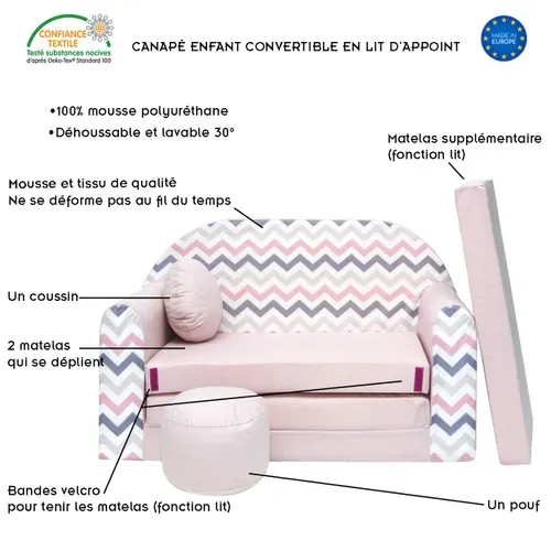 Nino Canapé Convertible Lit Pour Enfant Avec Pouf Et Coussin Rose Avec Zigzag