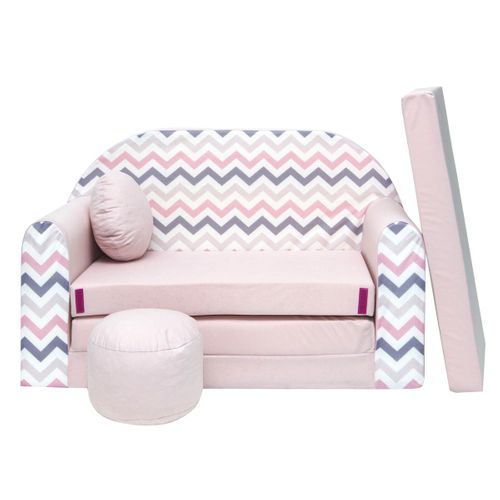 Nino Canapé Convertible Lit Pour Enfant Avec Pouf Et Coussin Rose Avec Zigzag