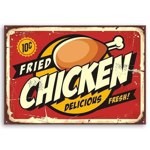 Tableau Bois Retro - Poulet Rôti 120 X 80 Cm Rouge
