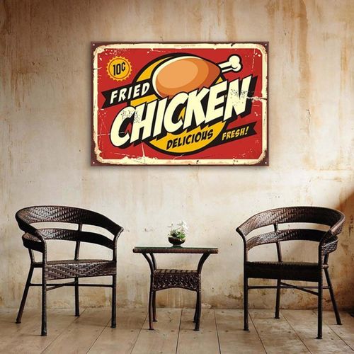 Tableau Bois Retro - Poulet Rôti 120 X 80 Cm Rouge