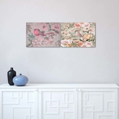 Tableau Bois Oiseau Et Fleurs 70 X 50 Cm Rose