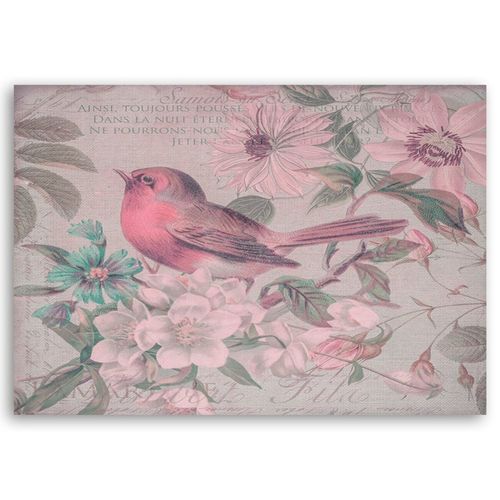 Tableau Bois Oiseau Et Fleurs 70 X 50 Cm Rose