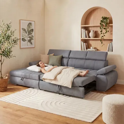 Canapé d'angle convertible méridienne gauche et 1 coffre VEGAS tissu gris clair