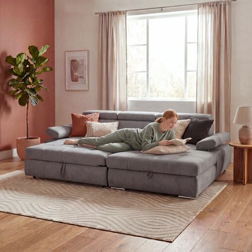Canapé d'angle convertible méridienne droite et 1 coffre VEGAS tissu gris clair