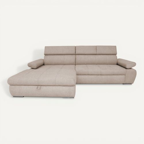 Canapé d'angle convertible méridienne gauche et 1 coffre VEGAS tissu beige vue de face