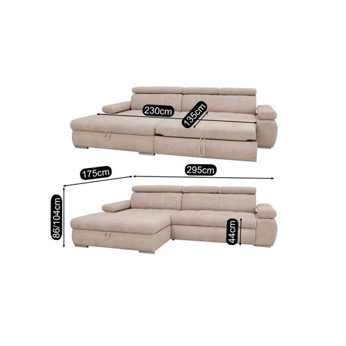 Canapé d'angle convertible méridienne gauche et 1 coffre VEGAS tissu beige